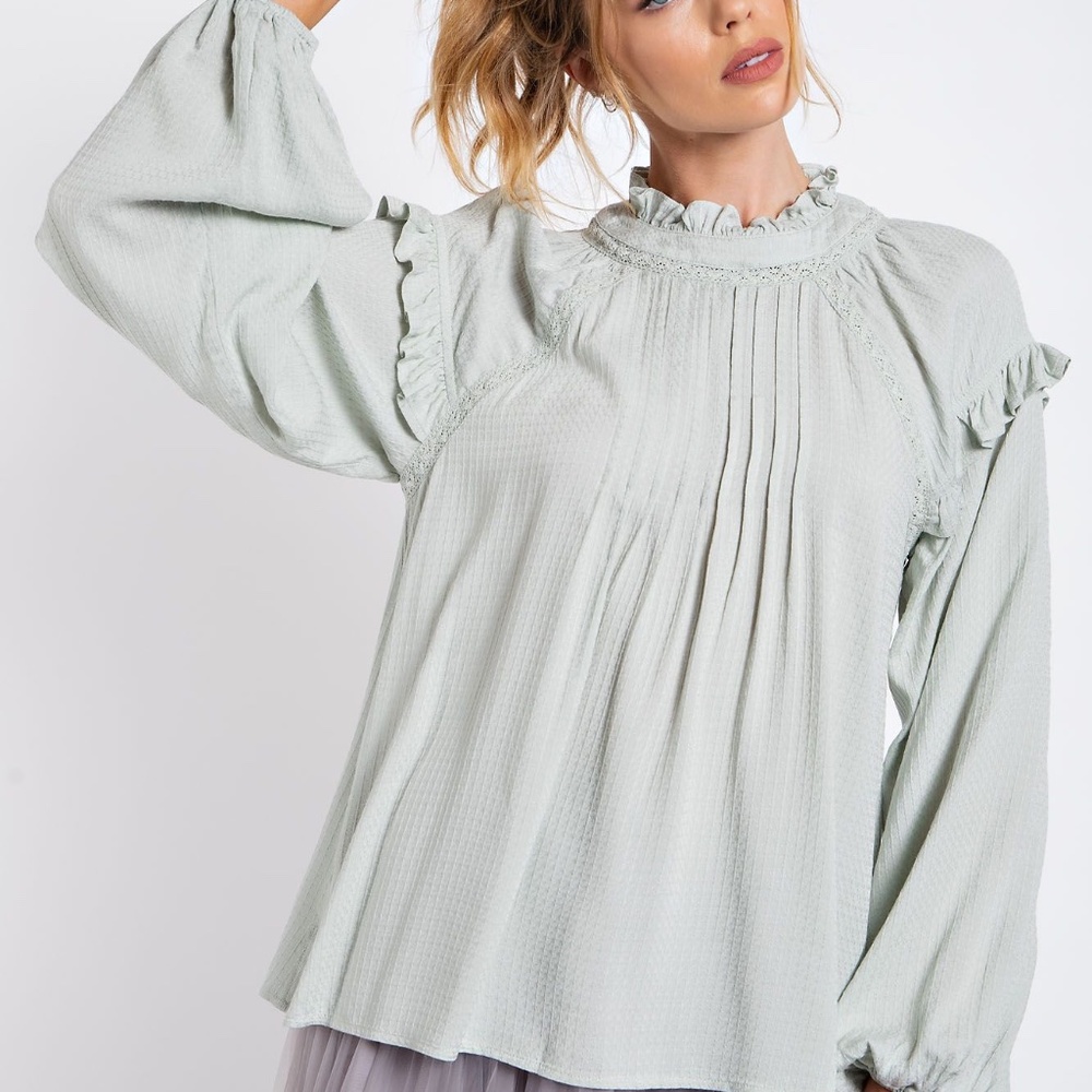 Easel Elegant Ruffled Blouse in Light Green
